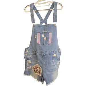 Upcycled Hand Crafted Distressed Denim Short Overalls Size XL in EUC